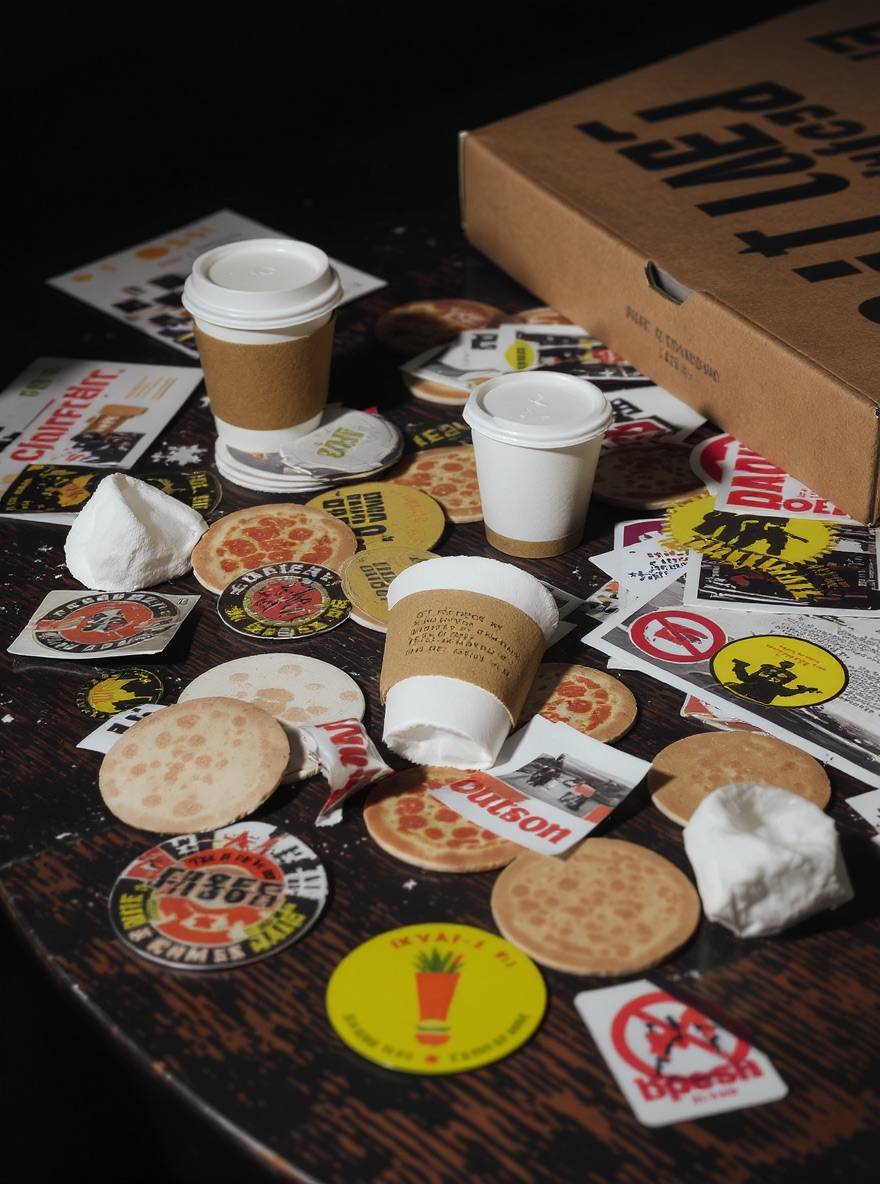 Ambient out-of-home campaign materials including sleeves, coasters, stickers, decals, and postcards